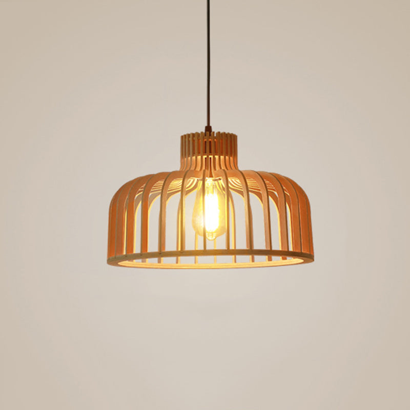 Cage Shaped Wooden Pendant Minimalism 1 Bulb Beige Suspension Lighting for Restaurant