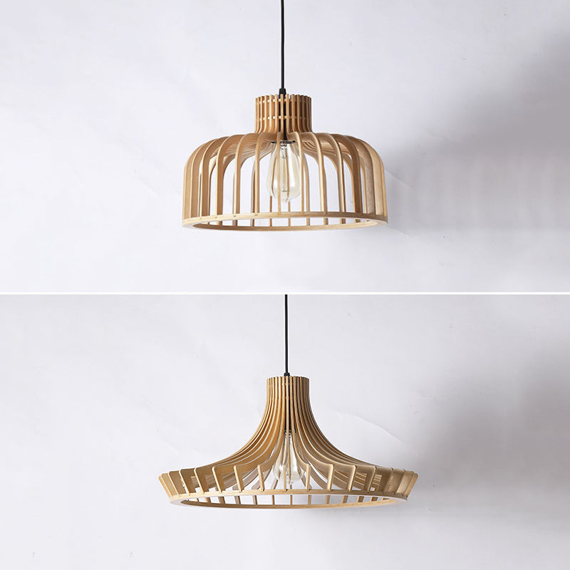 Cage Shaped Wooden Pendant Minimalism 1 Bulb Beige Suspension Lighting for Restaurant