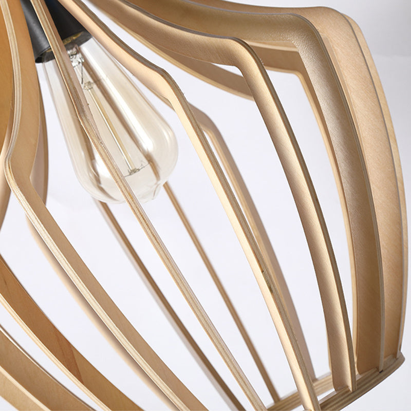 Cage Shaped Wooden Pendant Minimalism 1 Bulb Beige Suspension Lighting for Restaurant