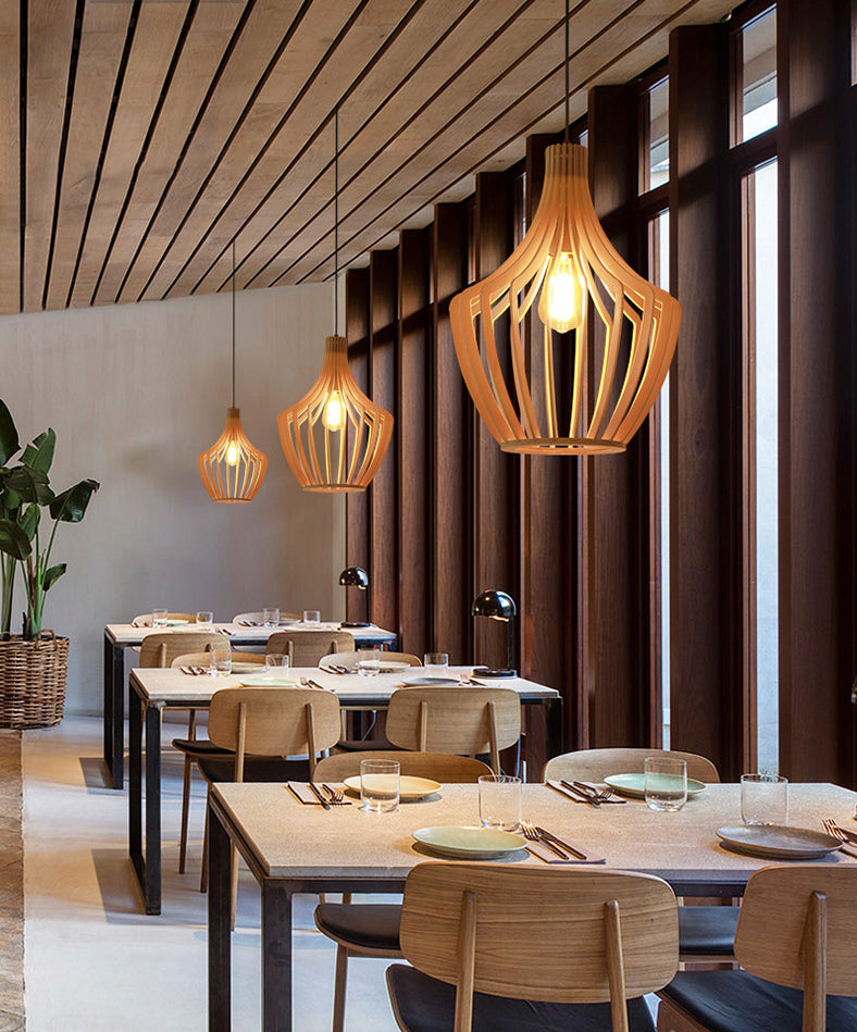 Cage Shaped Wooden Pendant Minimalism 1 Bulb Beige Suspension Lighting for Restaurant