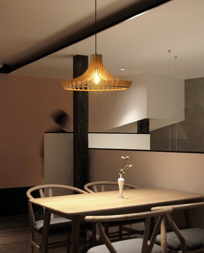 Cage Shaped Wooden Pendant Minimalism 1 Bulb Beige Suspension Lighting for Restaurant