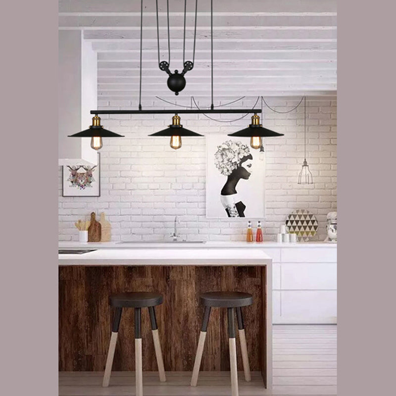 Black 3-Light Pulley Island Pendant Light in Industrial Retro Style Wrought Iron Hanging Lamp for Dining Room