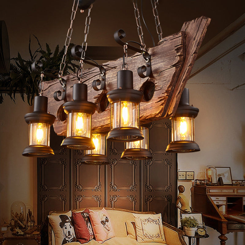 Wrought Iron Adjustable Island Pendant Light in Industrial Vintage Style Wooden 6-Light Ceiling Light for Dining Room