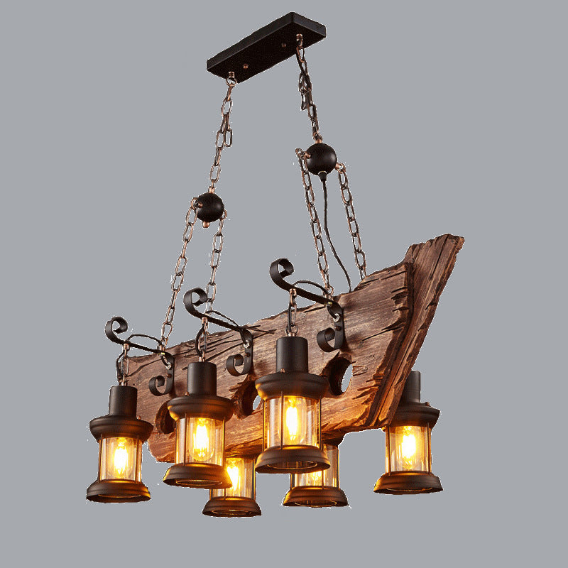 Wrought Iron Adjustable Island Pendant Light in Industrial Vintage Style Wooden 6-Light Ceiling Light for Dining Room