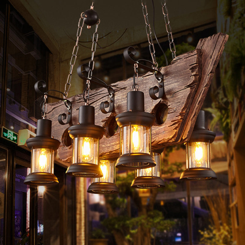 Wrought Iron Adjustable Island Pendant Light in Industrial Vintage Style Wooden 6-Light Ceiling Light for Dining Room