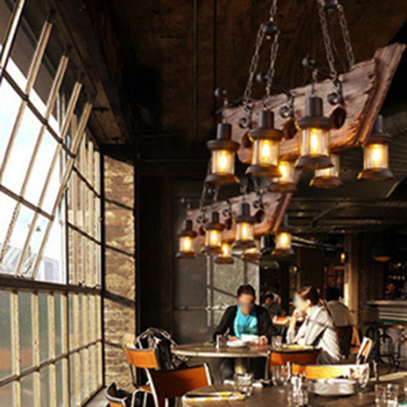 Wrought Iron Adjustable Island Pendant Light in Industrial Vintage Style Wooden 6-Light Ceiling Light for Dining Room