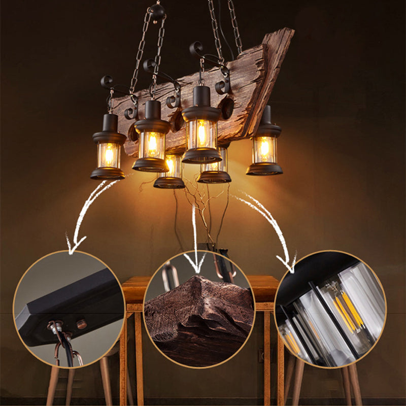 Wrought Iron Adjustable Island Pendant Light in Industrial Vintage Style Wooden 6-Light Ceiling Light for Dining Room