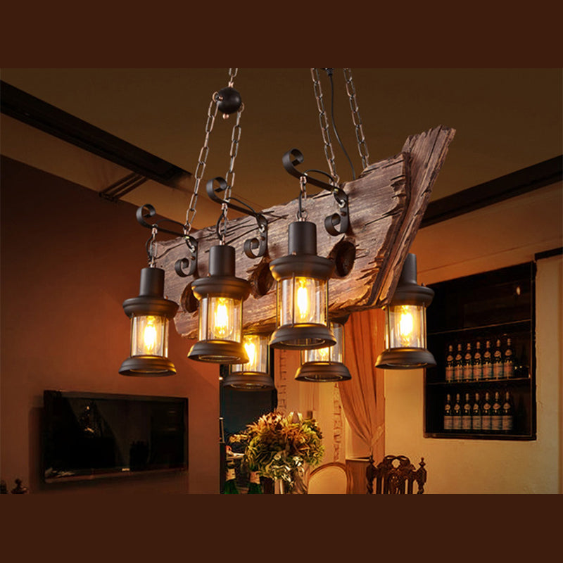 Wrought Iron Adjustable Island Pendant Light in Industrial Vintage Style Wooden 6-Light Ceiling Light for Dining Room