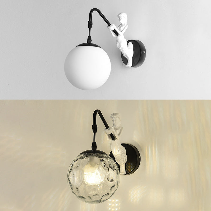 Simplicity Style Glass Orb Wall Lamp Creative Mermaid Shaped Single Bulb Metal Sconce Light for Staircase Corridor