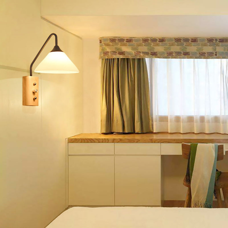 11.8" H Glass Cone Shade Simplicity Wooden Wall Lamp Metal Gooseneck Arm 1-Light Sconce Lights with Independent Switch