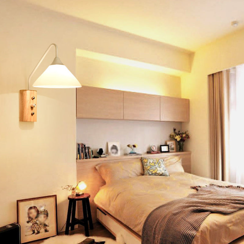 11.8" H Glass Cone Shade Simplicity Wooden Wall Lamp Metal Gooseneck Arm 1-Light Sconce Lights with Independent Switch