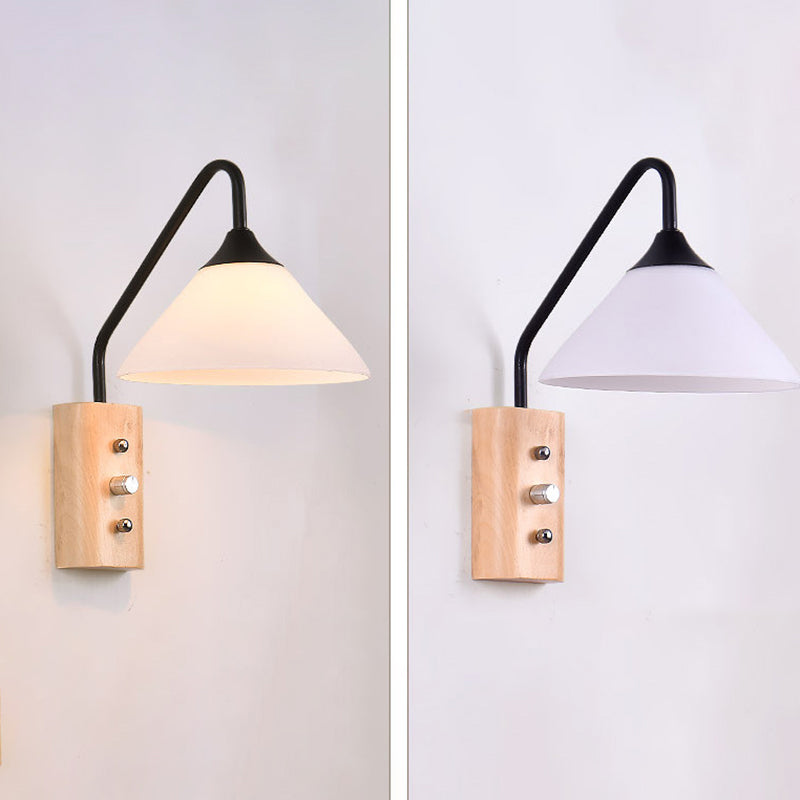 11.8" H Glass Cone Shade Simplicity Wooden Wall Lamp Metal Gooseneck Arm 1-Light Sconce Lights with Independent Switch
