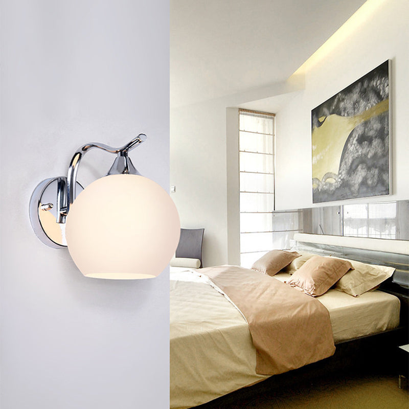 Milk White Globe Glass Wall Lamp Contemporary Simplicity Style Single Bulb Sconce Lighting Fixture in Polished Silver