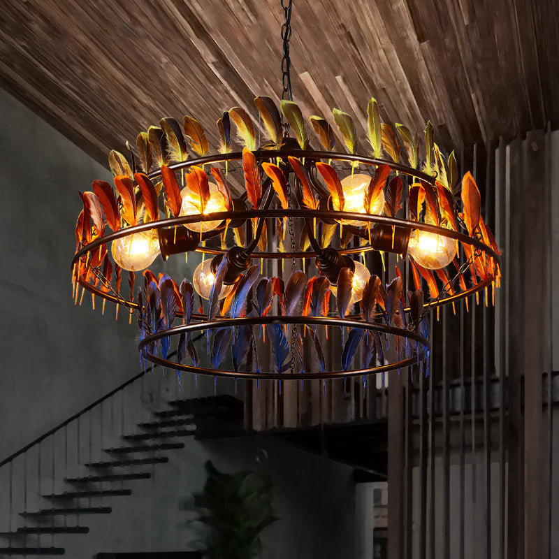 Round Feather Hanging Chandelier Lamp Art Deco Bar Ceiling Pendant Chandelier