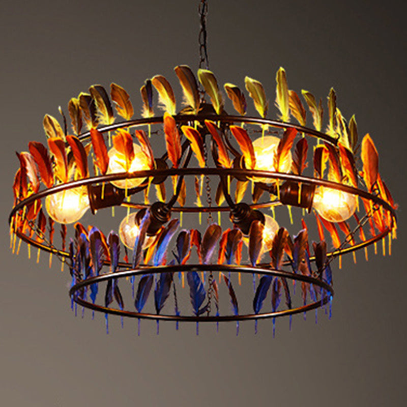 Round Feather Hanging Chandelier Lamp Art Deco Bar Ceiling Pendant Chandelier