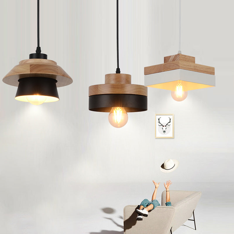 1-Light Nordic Style Minimalism Hanging Light Geometric Shaped Wooden Pendant Lamp for Bedroom