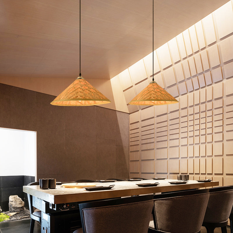 Straw Hat Suspension Lighting Asian Bamboo 1 Bulb Beige Ceiling Pendant for Restaurant