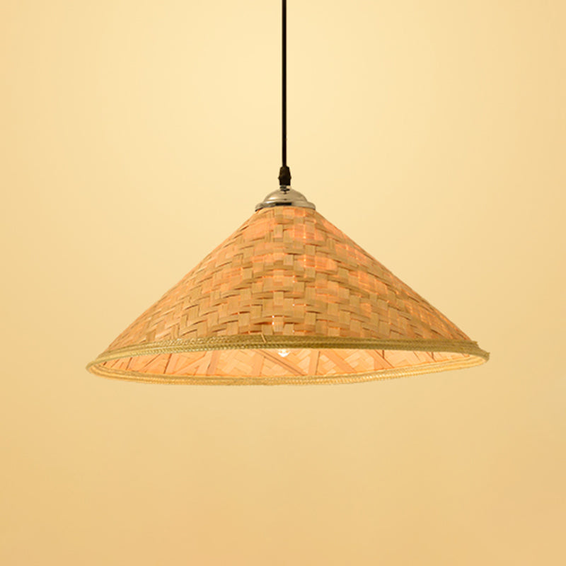 Straw Hat Suspension Lighting Asian Bamboo 1 Bulb Beige Ceiling Pendant for Restaurant