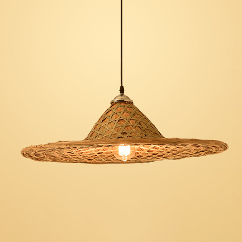 Straw Hat Suspension Lighting Asian Bamboo 1 Bulb Beige Ceiling Pendant for Restaurant
