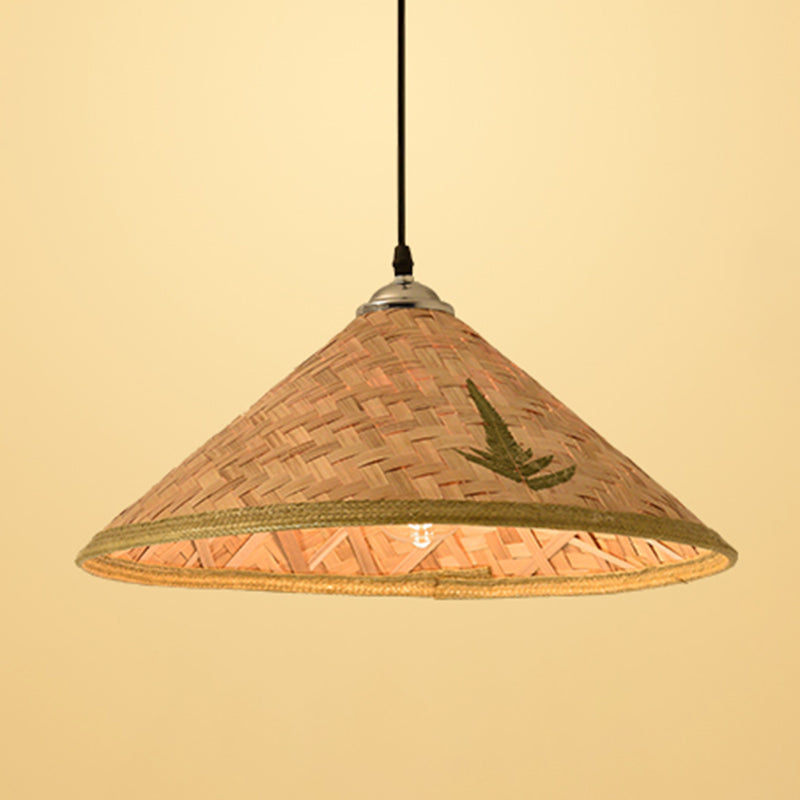 Straw Hat Suspension Lighting Asian Bamboo 1 Bulb Beige Ceiling Pendant for Restaurant
