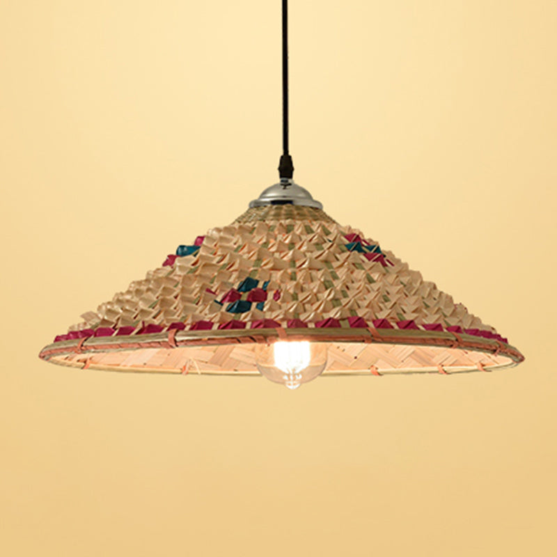 Straw Hat Suspension Lighting Asian Bamboo 1 Bulb Beige Ceiling Pendant for Restaurant