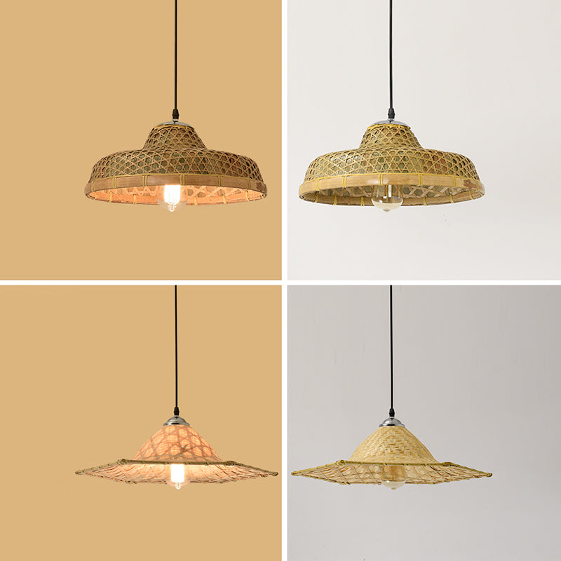 Straw Hat Suspension Lighting Asian Bamboo 1 Bulb Beige Ceiling Pendant for Restaurant