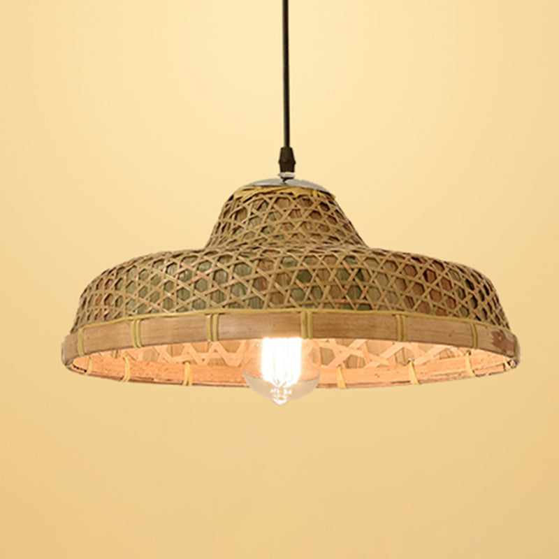 Straw Hat Suspension Lighting Asian Bamboo 1 Bulb Beige Ceiling Pendant for Restaurant