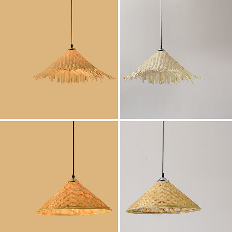 Straw Hat Suspension Lighting Asian Bamboo 1 Bulb Beige Ceiling Pendant for Restaurant