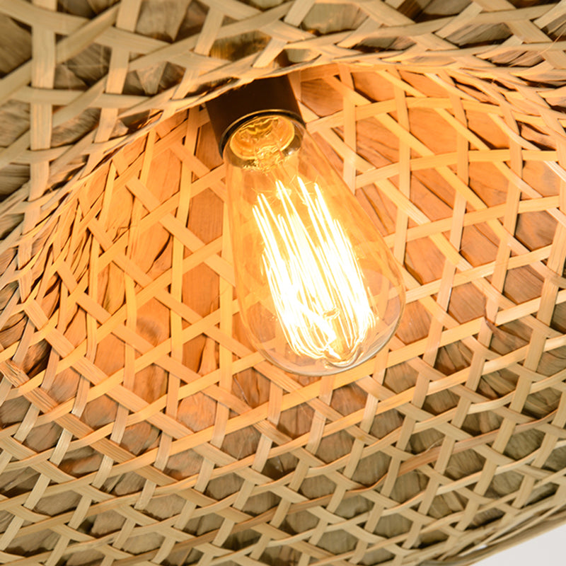 Straw Hat Suspension Lighting Asian Bamboo 1 Bulb Beige Ceiling Pendant for Restaurant