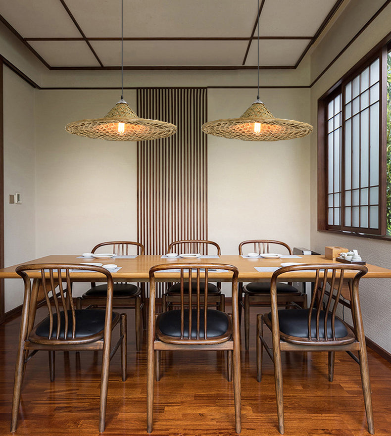 Straw Hat Suspension Lighting Asian Bamboo 1 Bulb Beige Ceiling Pendant for Restaurant