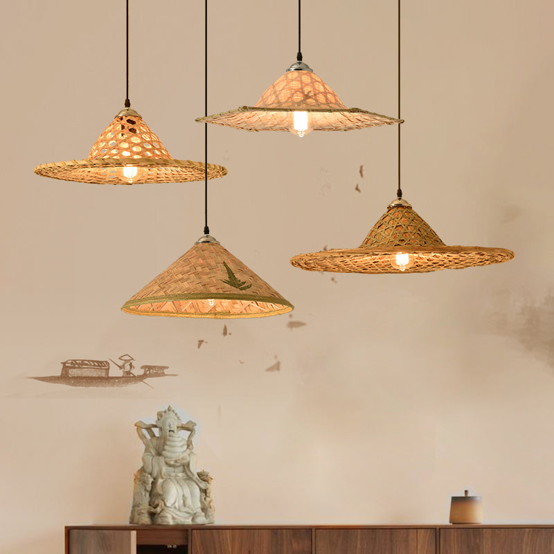 Straw Hat Suspension Lighting Asian Bamboo 1 Bulb Beige Ceiling Pendant for Restaurant