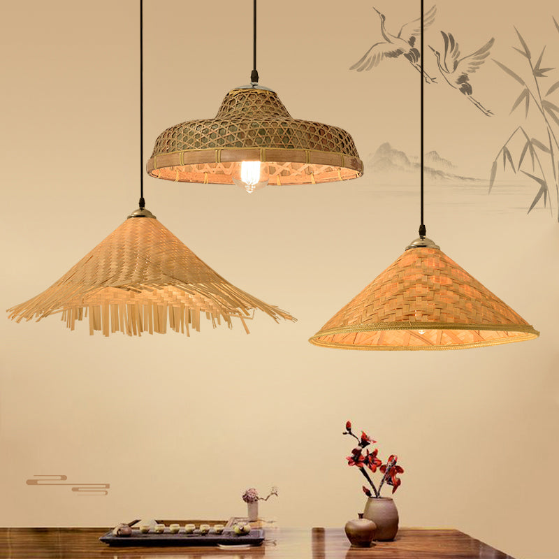 Straw Hat Suspension Lighting Asian Bamboo 1 Bulb Beige Ceiling Pendant for Restaurant