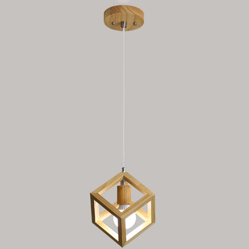 Geometric Dining Room Pendant Light Fixture Wooden Minimalist Hanging Lamp in Beige