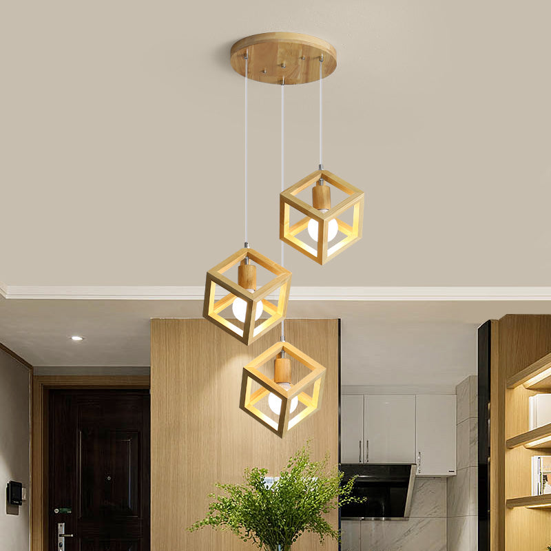 Geometric Dining Room Pendant Light Fixture Wooden Minimalist Hanging Lamp in Beige