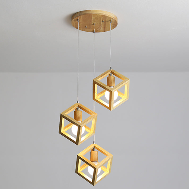 Geometric Dining Room Pendant Light Fixture Wooden Minimalist Hanging Lamp in Beige