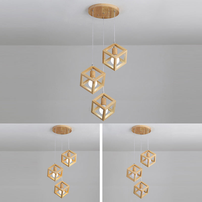 Geometric Dining Room Pendant Light Fixture Wooden Minimalist Hanging Lamp in Beige