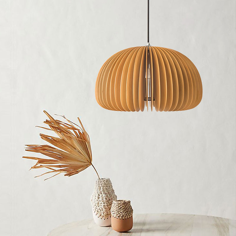 Pumpkin Shaped Wooden Hanging Lamp Modern 1-Light Suspension Light Fixture