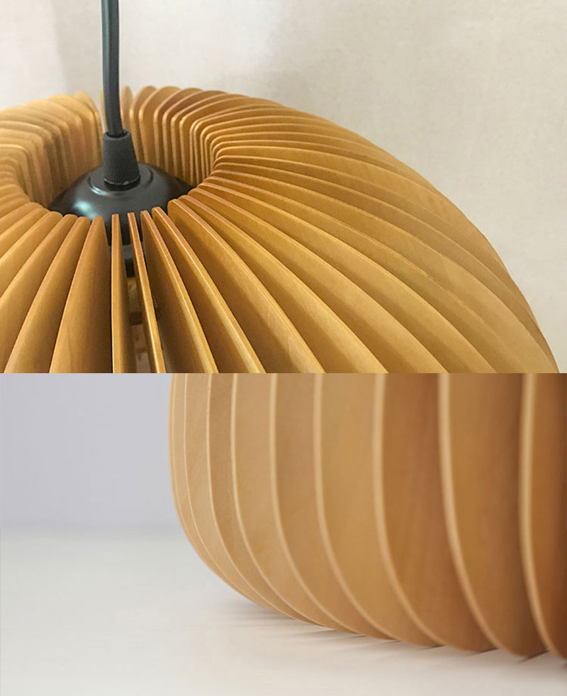 Pumpkin Shaped Wooden Hanging Lamp Modern 1-Light Suspension Light Fixture
