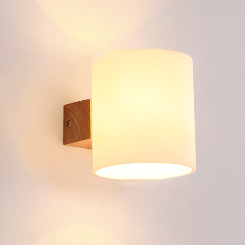 Wooden Cylindrical Wall Lamp in Modern Concise Style White Glass Wall Sconce for Interior Spaces