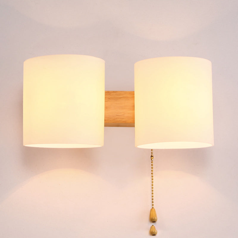 Wooden Cylindrical Wall Lamp in Modern Concise Style White Glass Wall Sconce for Interior Spaces