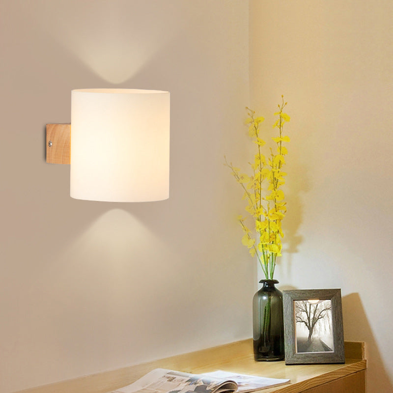 Wooden Cylindrical Wall Lamp in Modern Concise Style White Glass Wall Sconce for Interior Spaces