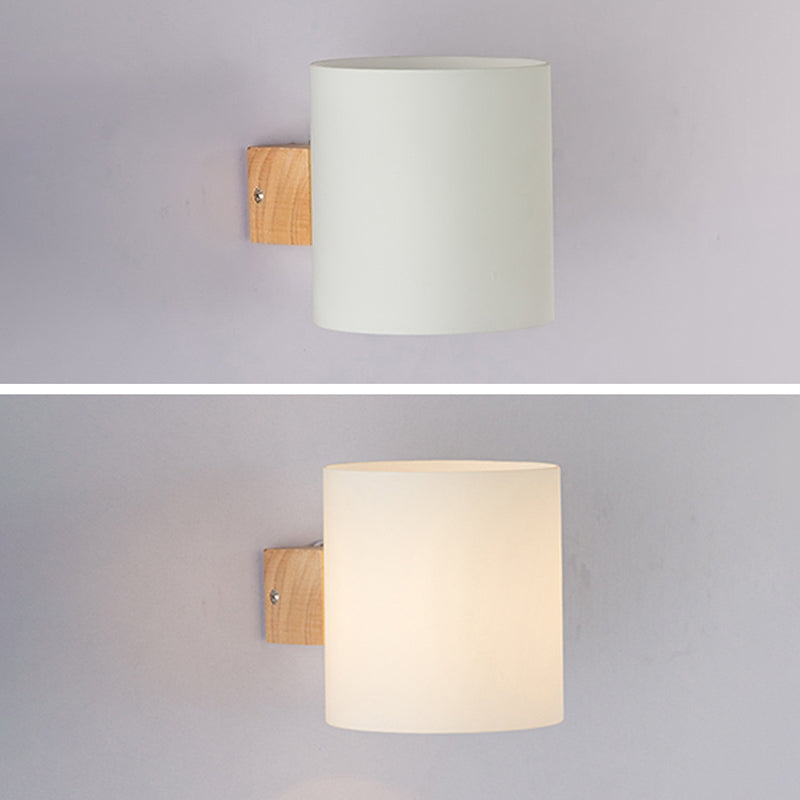 Wooden Cylindrical Wall Lamp in Modern Concise Style White Glass Wall Sconce for Interior Spaces