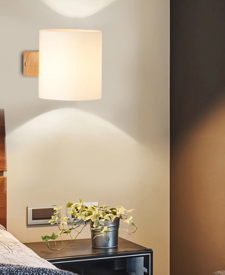 Wooden Cylindrical Wall Lamp in Modern Concise Style White Glass Wall Sconce for Interior Spaces