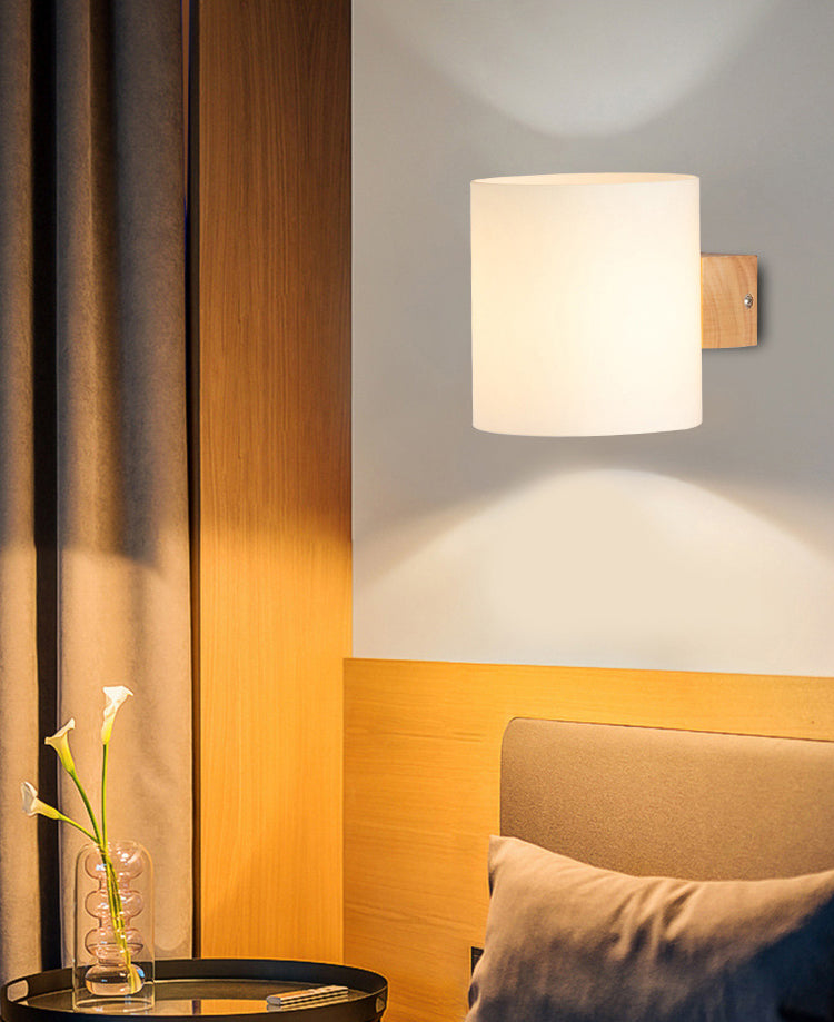 Wooden Cylindrical Wall Lamp in Modern Concise Style White Glass Wall Sconce for Interior Spaces
