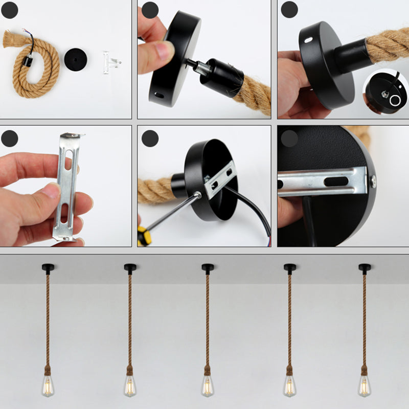 Vintage Bare Bulb Design Drop Lighting 1-Light Rope Pendant Light Fixture for Bar