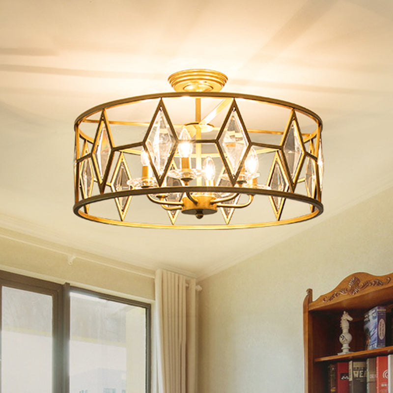 Traditionele trommelplafondmontage Lichte armatuur gesneden kristal 6 lampen Studiezaal Semi Flush Mount Lighting in goud