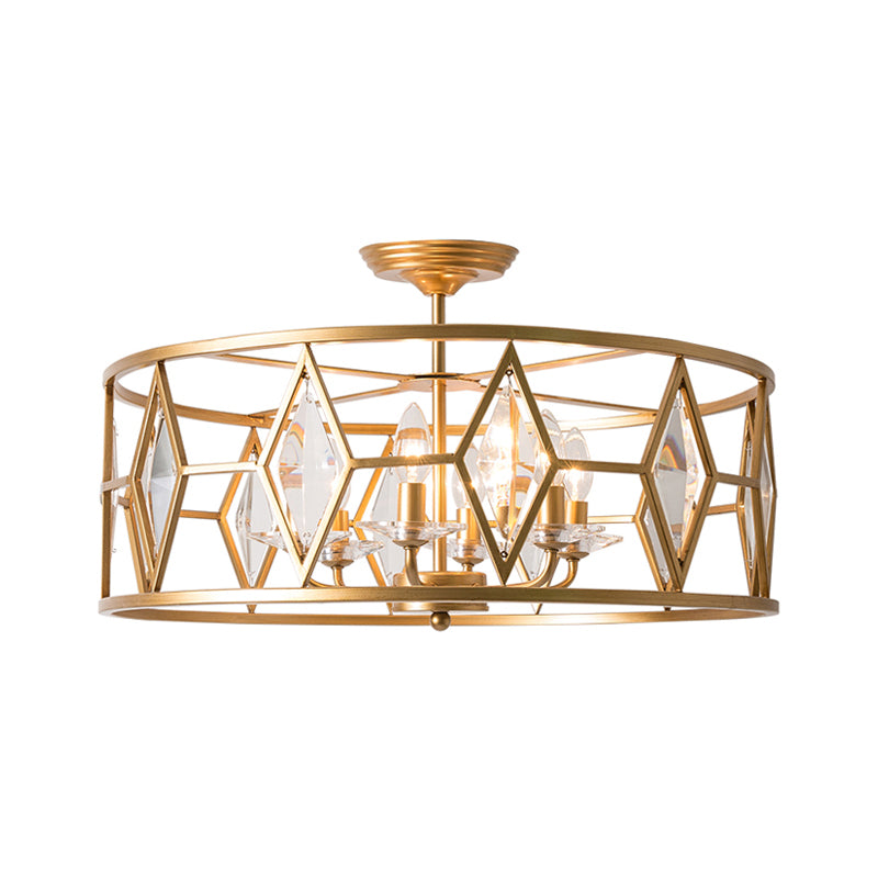 Traditionele trommelplafondmontage Lichte armatuur gesneden kristal 6 lampen Studiezaal Semi Flush Mount Lighting in goud