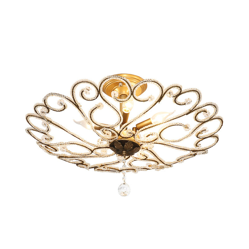 4/5-Light Bedroom Ceiling Flush Modernist Gold Semi Mount Lighting Fixture with Beaded Crystal Shade