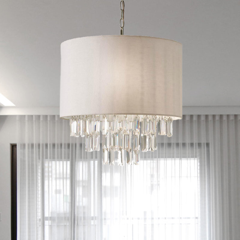 Rectangular-Cut Crystal Drum Hanging Chandelier Modern 3/4 Lights Beige Ceiling Lamp with Fabric Shade