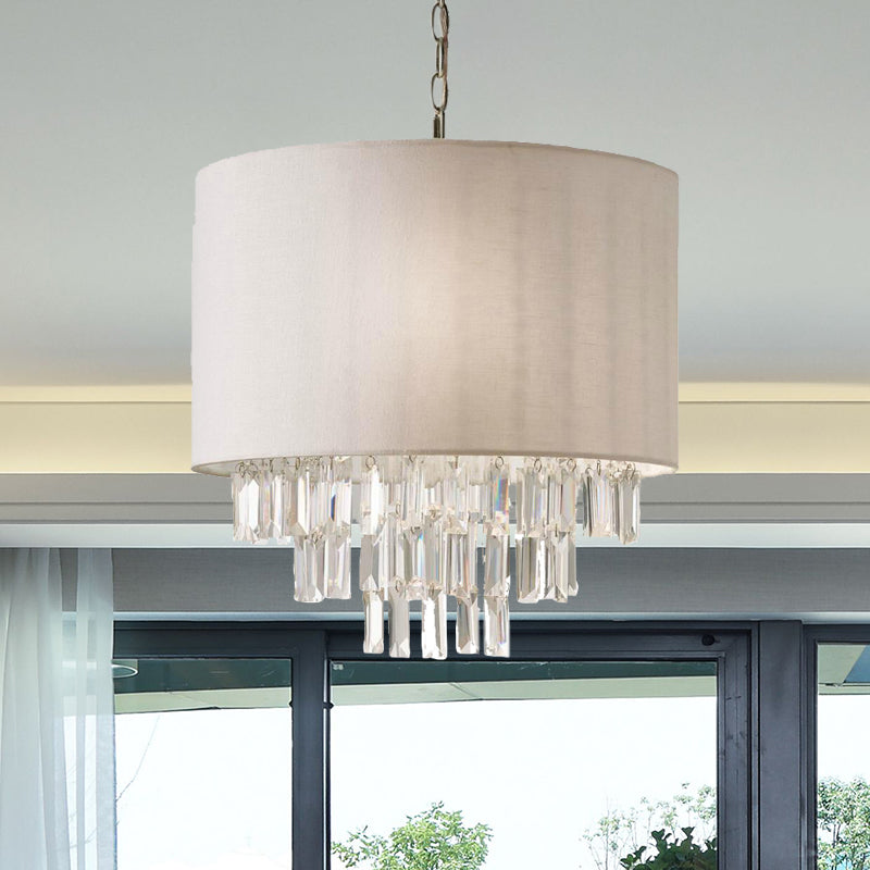 Rectangular-Cut Crystal Drum Hanging Chandelier Modern 3/4 Lights Beige Ceiling Lamp with Fabric Shade
